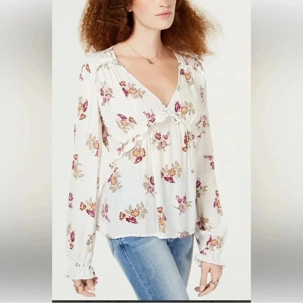 AMERICA RAG Women’s Floral V-Neck Blouse Long Sleeves XS